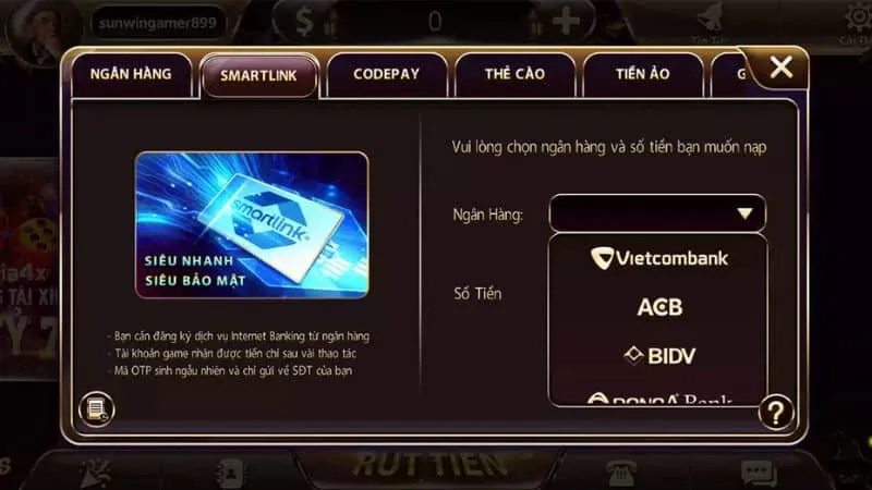 Nạp tiền Sunwin qua Smartlink đơn giản, nhanh chóng và bảo mật