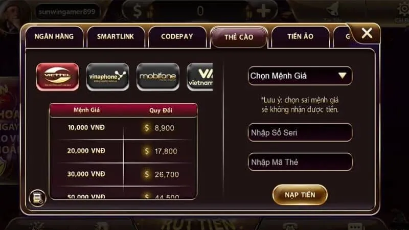 Nạp tiền Sunwin qua thẻ cào nhanh chóng